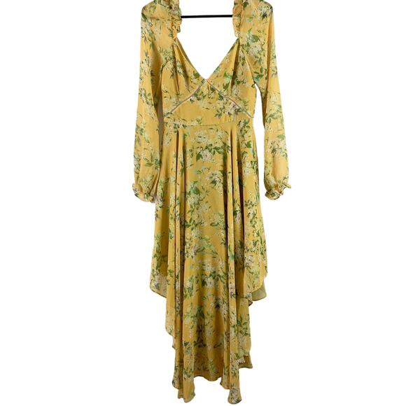 Sau Lee Georgia Long Sleeve V-Neck Floral Asymmetrical Hem Midi Dress Yellow-2 - Picture 5 of 9